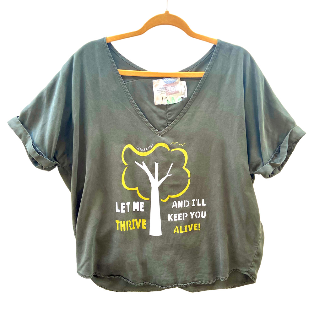 Woven VNeck Loose fit top with rolled sleeves Upcycled Graphic